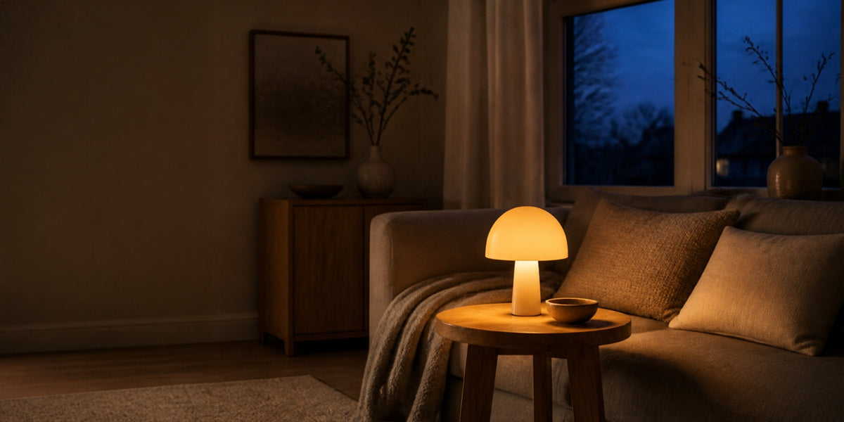 Cordless mushroom lamp glowing in a cosy living room in the evening